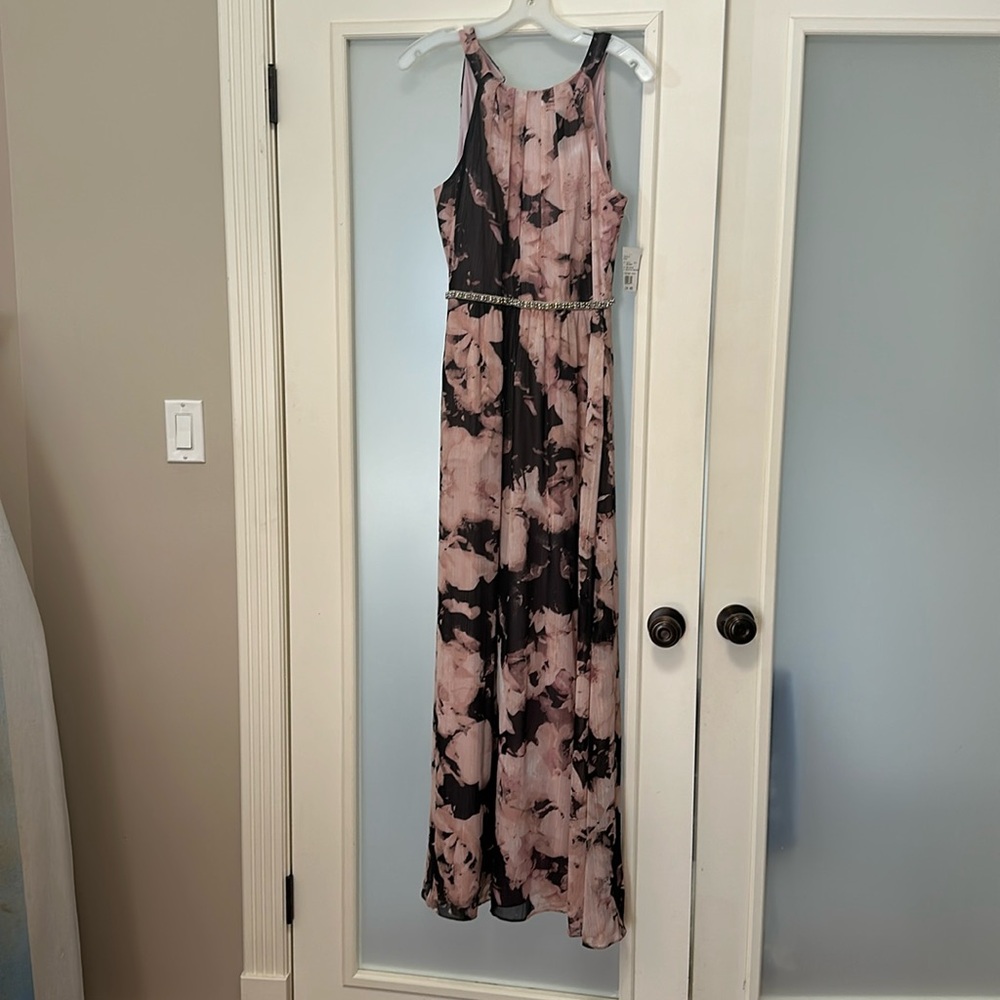Long floral gown. Dark and light purple floral with beaded waist